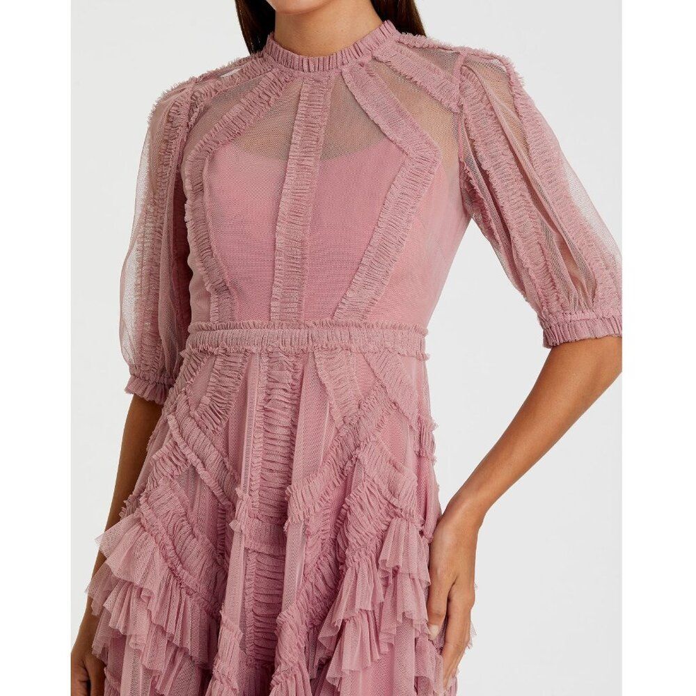 Anthropologie‎ Mac Duggal 8058 Pink High Neck Micro Ruffle Tiered Midi Dress - Picture 5 of 6